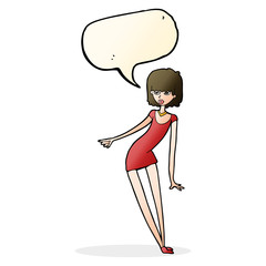 cartoon woman in dress leaning with speech bubble