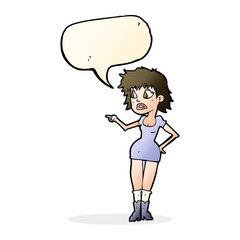 cartoon worried woman in dress pointing with speech bubble