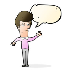 cartoon bored man waving with speech bubble