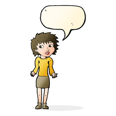 cartoon woman shrugging shoulders with speech bubble