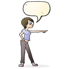 cartoon hip woman pointing with speech bubble