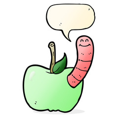 cartoon apple with worm with speech bubble