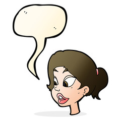 cartoon friendly woman with speech bubble