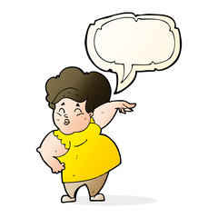 cartoon happy overweight lady with speech bubble