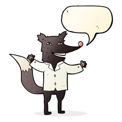 cartoon happy wolf wearing shirt with speech bubble