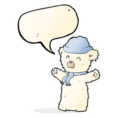 cartoon cute polar bear in hat and scarf with speech bubble