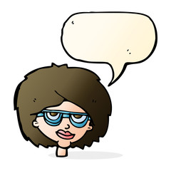 cartoon woman wearing spectacles with speech bubble