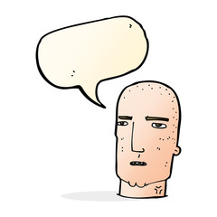 cartoon bald tough guy with speech bubble
