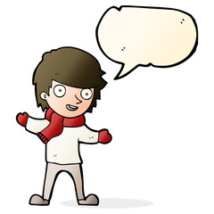 cartoon boy in winter clothes with speech bubble