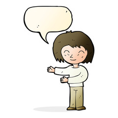cartoon woman gesturing welcome with speech bubble