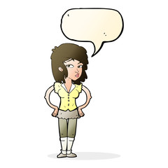 cartoon pretty woman with hands on hips with speech bubble
