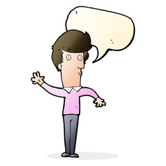 cartoon nervous man waving with speech bubble
