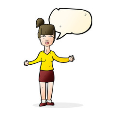 cartoon woman shrugging shoulders with speech bubble