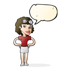 cartoon retro pilot woman with speech bubble