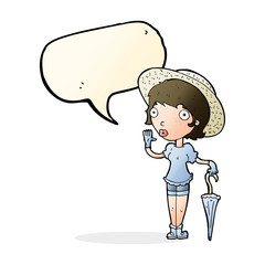 cartoon woman in summer hat waving with speech bubble