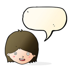 cartoon happy female face with speech bubble