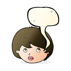 cartoon female face looking upwards with speech bubble