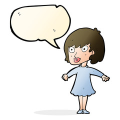 cartoon woman wearing dress with speech bubble