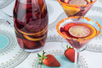 Pitcher and martini glasses with sangria.