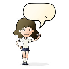 cartoon woman waving with speech bubble
