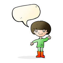 cartoon boy in poor clothing giving thumbs up symbol with speech