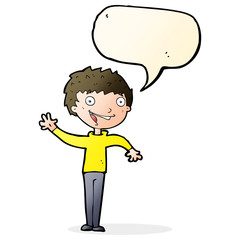 cartoon happy boy waving with speech bubble