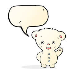 cartoon waving polar bear cub with speech bubble