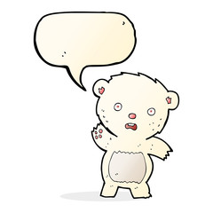 cartoon waving polar bear cub with speech bubble
