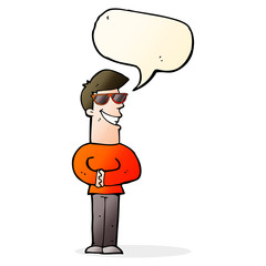 cartoon grinning man wearing sunglasses with speech bubble