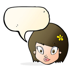 cartoon happy female face with speech bubble