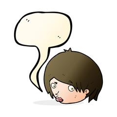 cartoon female face with raised eyebrow with speech bubble