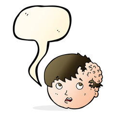 cartoon boy with ugly growth on head with speech bubble