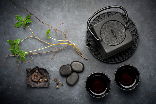 Black iron asian tea set in vintage style