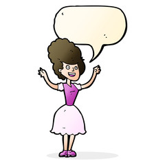 cartoon happy 1950's woman with speech bubble