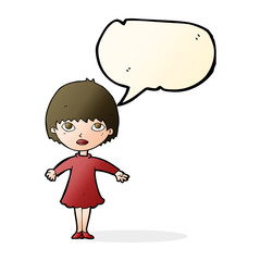 cartoon woman in dress with speech bubble