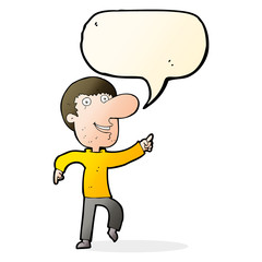 cartoon happy man dancing with speech bubble