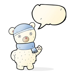 cartoon polar bear in winter hat and scarf with speech bubble