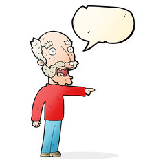cartoon scared old man pointing with speech bubble