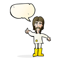 cartoon hippie man giving thumbs up symbol with speech bubble