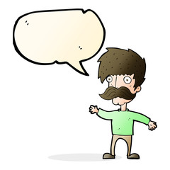 cartoon man with mustache waving with speech bubble