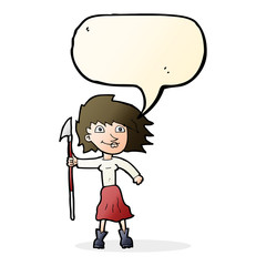 cartoon woman with spear with speech bubble