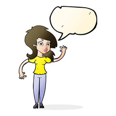 cartoon pretty woman waving with speech bubble