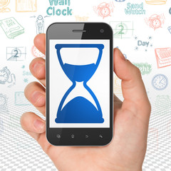 Timeline concept: Hand Holding Smartphone with Hourglass on display