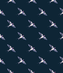 Beautiful swallow on a dark background. Watercolor illustration. Spring bird brings love. Handwork. Seamless pattern.