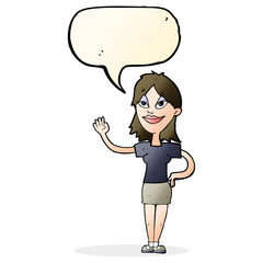 cartoon woman waving with speech bubble