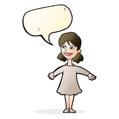 cartoon woman with open arms with speech bubble