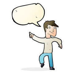 cartoon happy man pointing with speech bubble