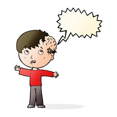 cartoon boy with growth on head with speech bubble