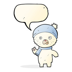 cartoon waving polar bear with speech bubble