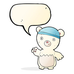 cartoon polar bear wearing hat with speech bubble